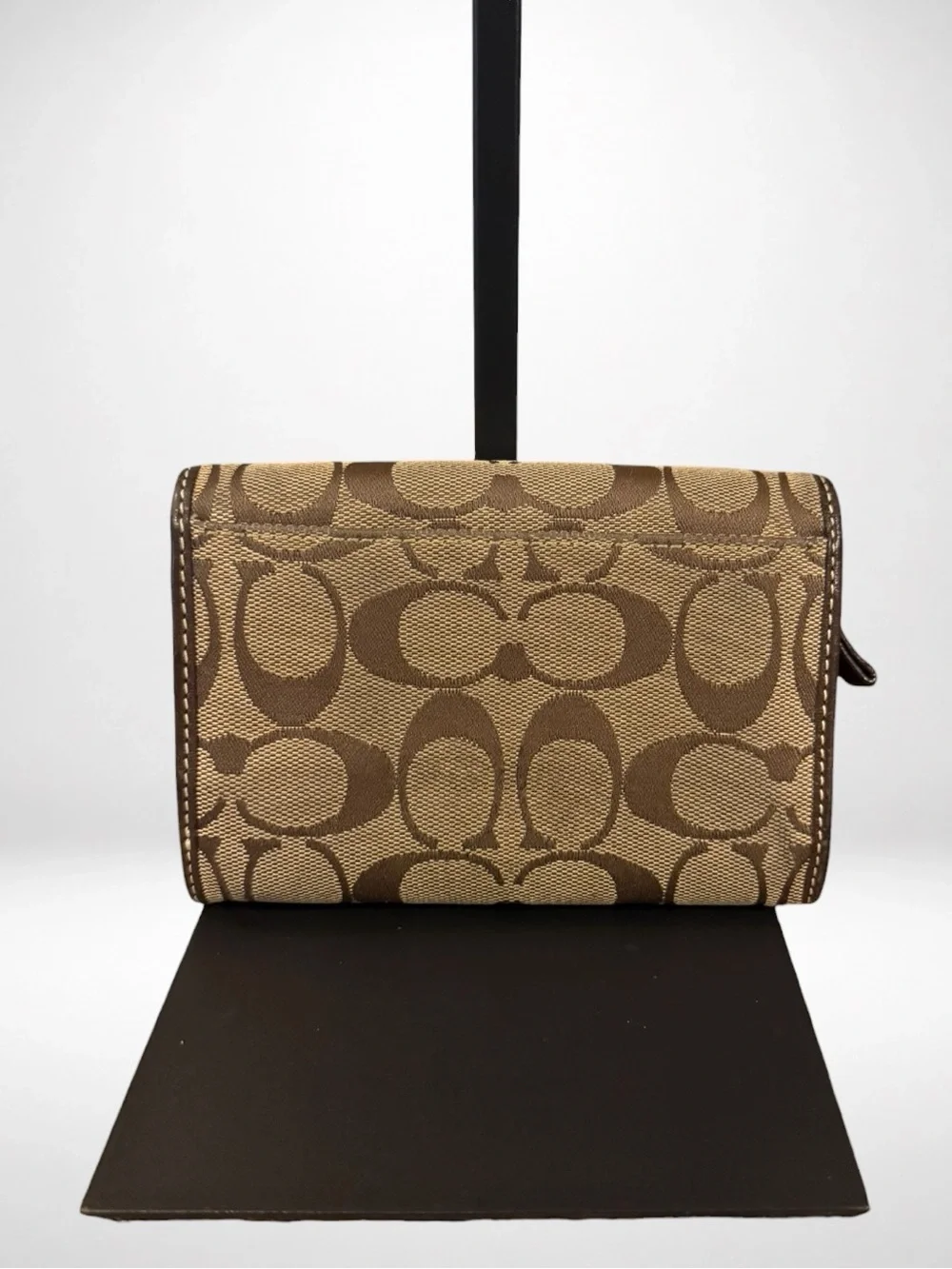 COACH Poppy Legacy Stripe Signature Bifold Wallet Khaki Brown Jacquard